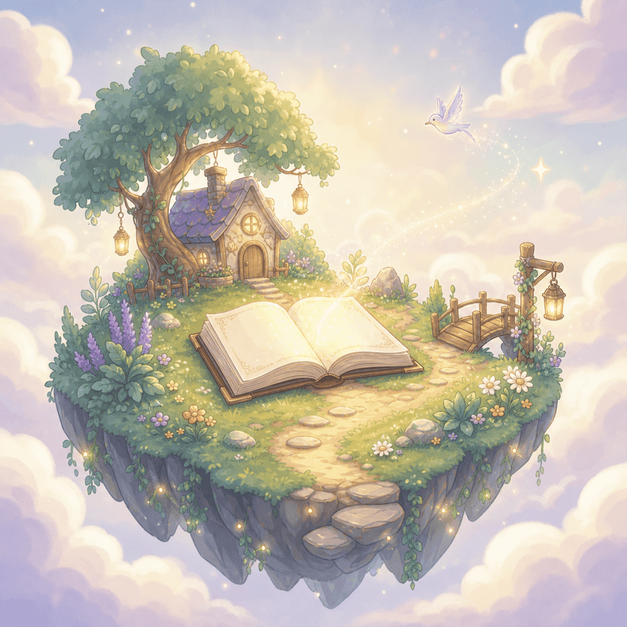 One magical story island with an open book